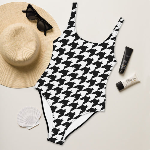 Classic Houndstooth One-Piece Swimsuit with Solid Black Back